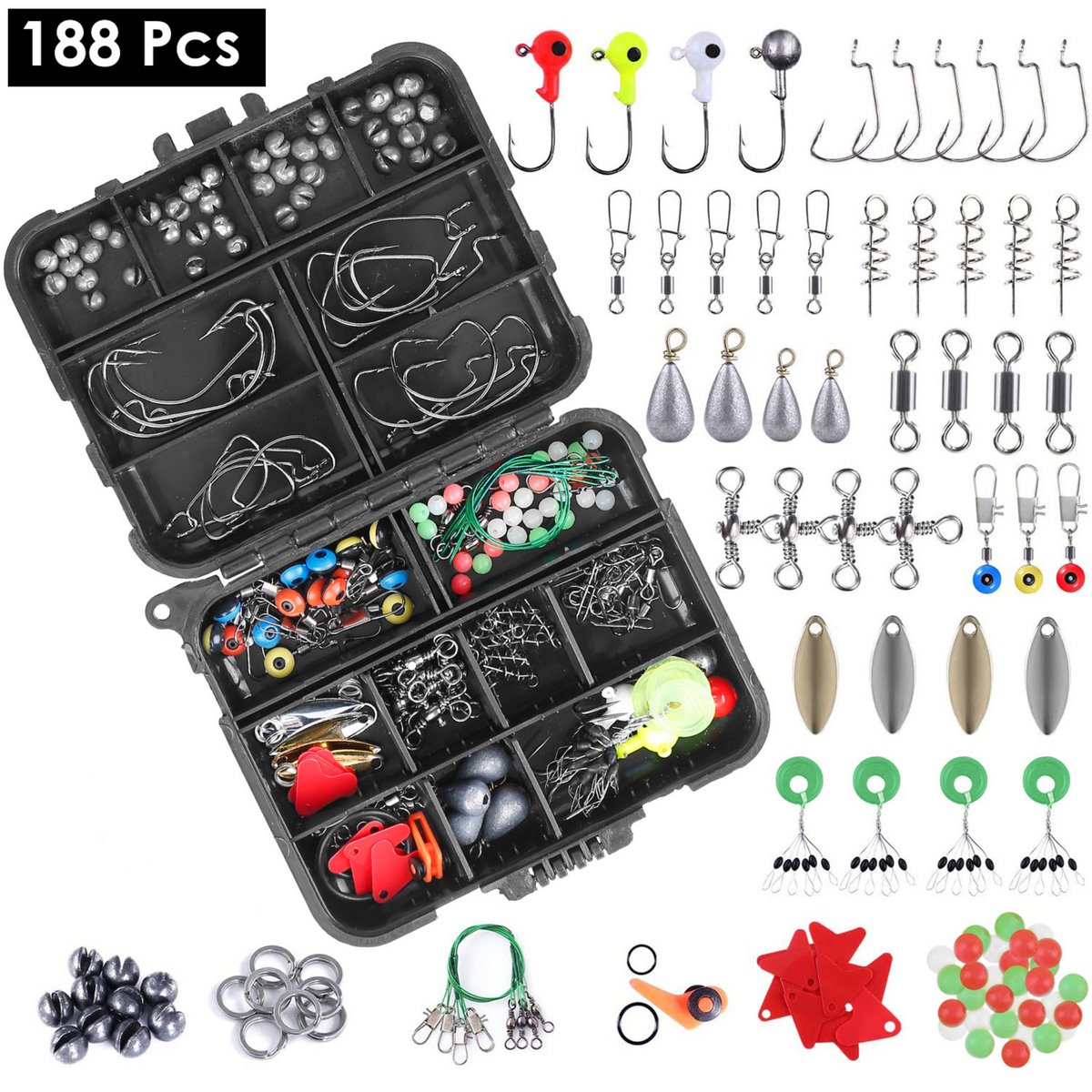 188Pcs Fishing Accessory Kit Portable Fishing Set Including Jig Hooks Sinker Weights Spoon Lure Removable Split Shot w/ Tackle Box