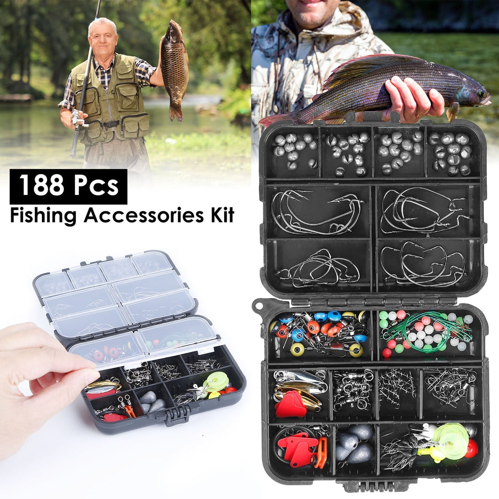 188Pcs Fishing Accessory Kit Portable Fishing Set Including Jig Hooks Sinker Weights Spoon Lure Removable Split Shot w/ Tackle Box